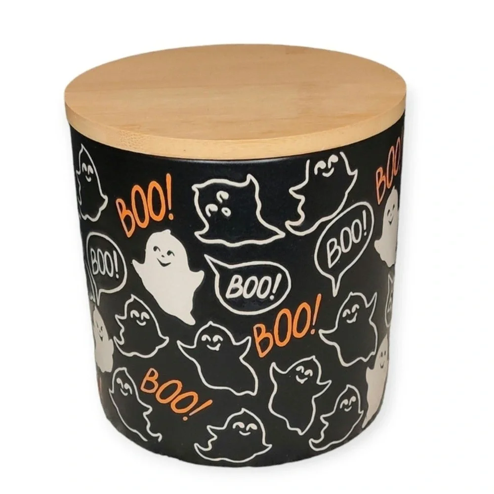 Inhomestylz Matte Black Ceramic Halloween Ghost Cellar Jar BOO
